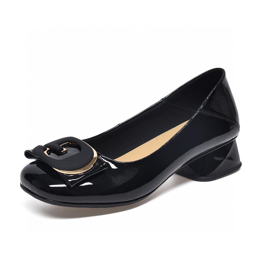 Весенне-летние новые туфли-лодочки с круглым носком на низком каблуке с мелким вырезом, женская обувь на четыре сезона, лакированная коровья кожа, кожаные туфли с круглой пряжкой