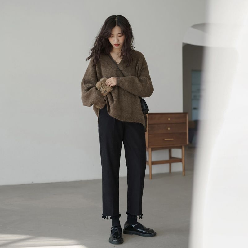 Пуловер с v-образным вырезом, маленький свитер, женский осень-зима 2023, пальто, вязаная рубашка на подкладке, дизайнерский пуловер, женский свитер