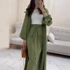 Women's Olive Green Lantern Sleeve Long Coat with High Waist Tie Belt Skirt Set