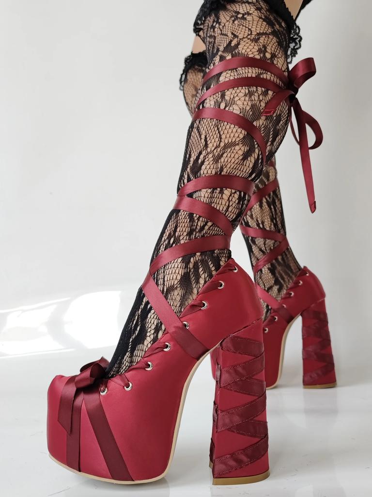 2025 Новые Лолита Розовые Сандалии Милые Ремешки Платформа Толстый Каблук Большой Размер 47 Женские Туфли Атласный Бант Шнуровка Модные Сандалии