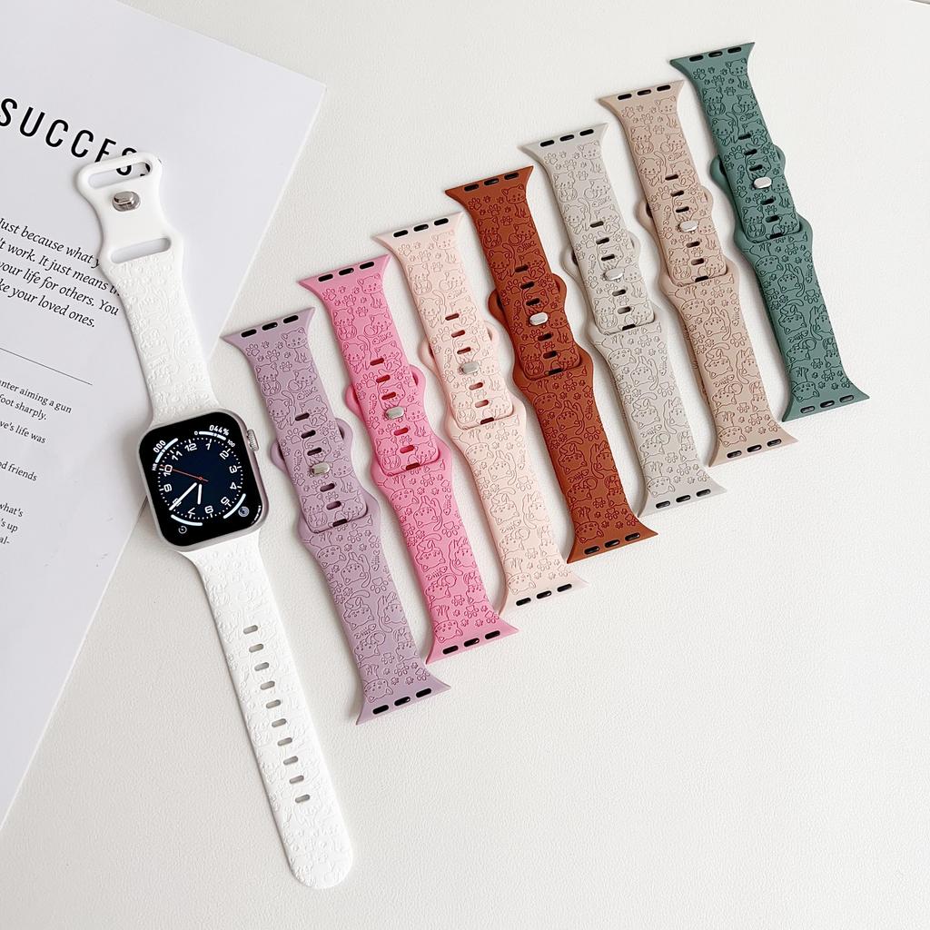 Подходит для яблока, милого кота, собаки, дыни, резьбы, силиконовый ремешок для часов Apple Watch8/SE/7/65