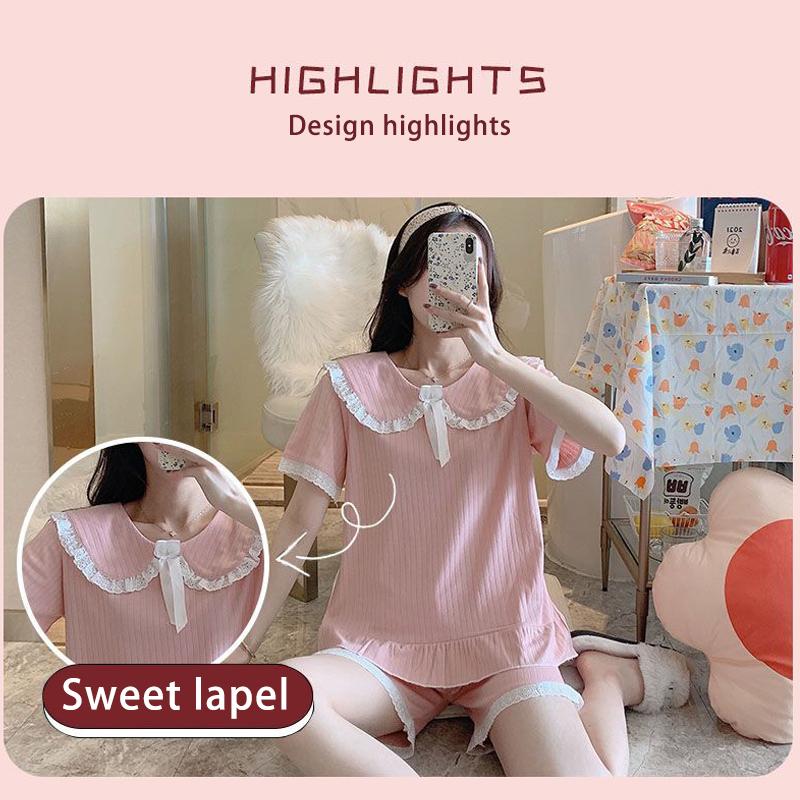 Pajama Women's Short Sleeved Cotton Cute Princess Style Summer Lace Home Clothing Set