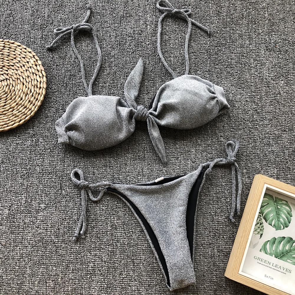 Женский купальник фиолетовый блеск сексуальный комплект бикини с завязками по бокам купальники пляжная одежда купальные костюмы