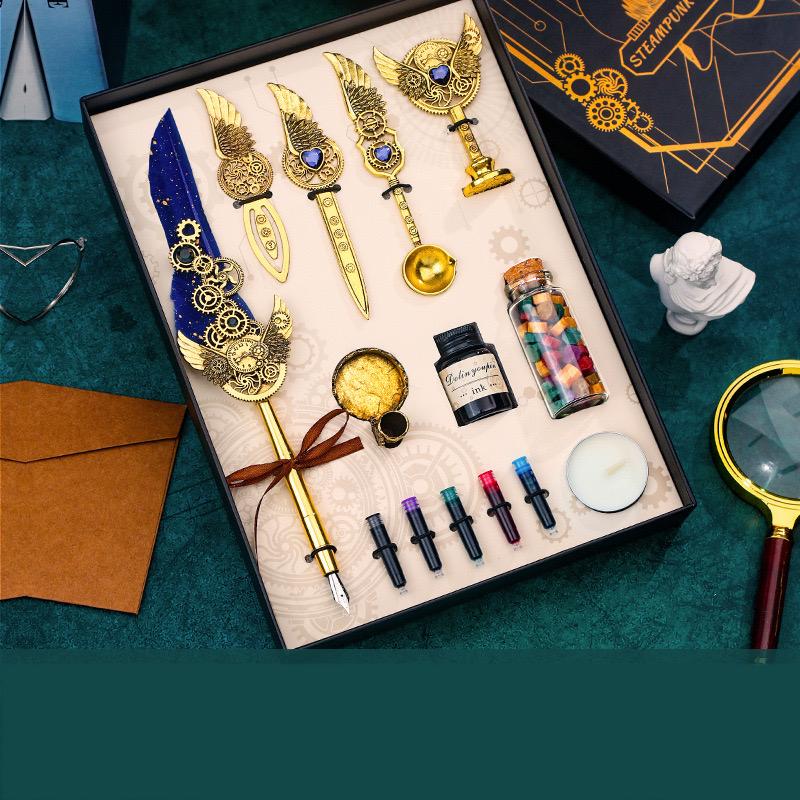 Quill Pen Ink Set, Calligraphy Feather Fountain Pen, Vintage Signature Pen with Replaceable Nibs/Ink Cartridges, Pen Holder, Seal, Bookmark