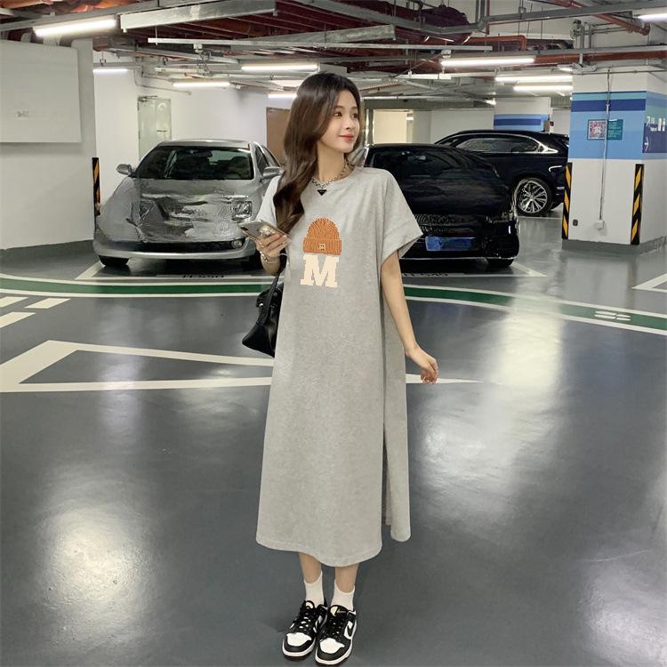 Women's Short-sleeved T-shirt Dresses Summer Loose Knee-length Casual Plus Size Dress Split Dress