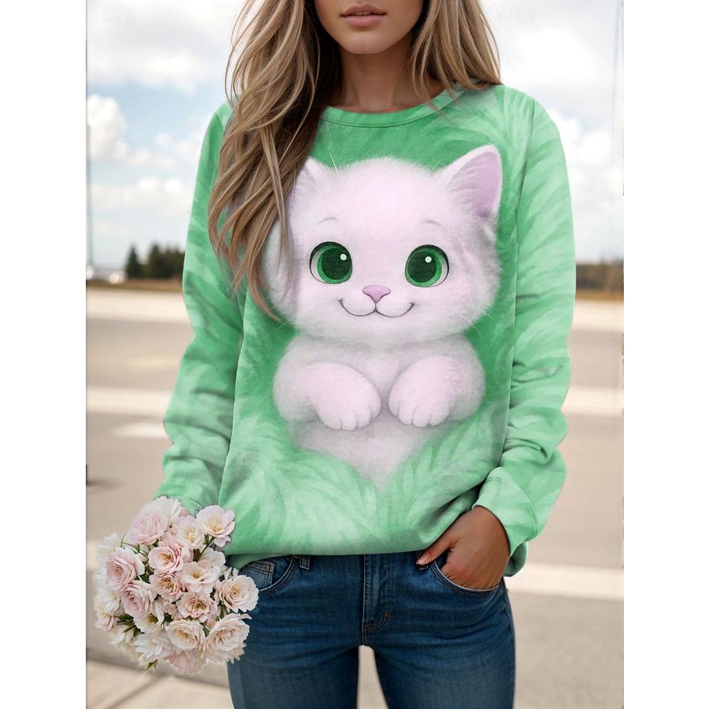 Женский свитшот с принтом кошки, 3D-принт, круглый вырез, длинный рукав, женская одежда, уличная одежда, пуловер на осень-зиму
