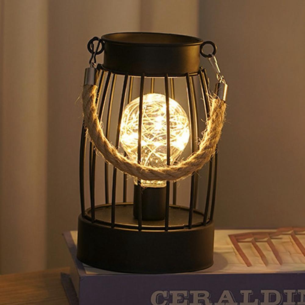 Retro Hollow Out Vertical Striped Iron Art Handheld Lantern Portable LED Copper Wire Bulb Table Lamp