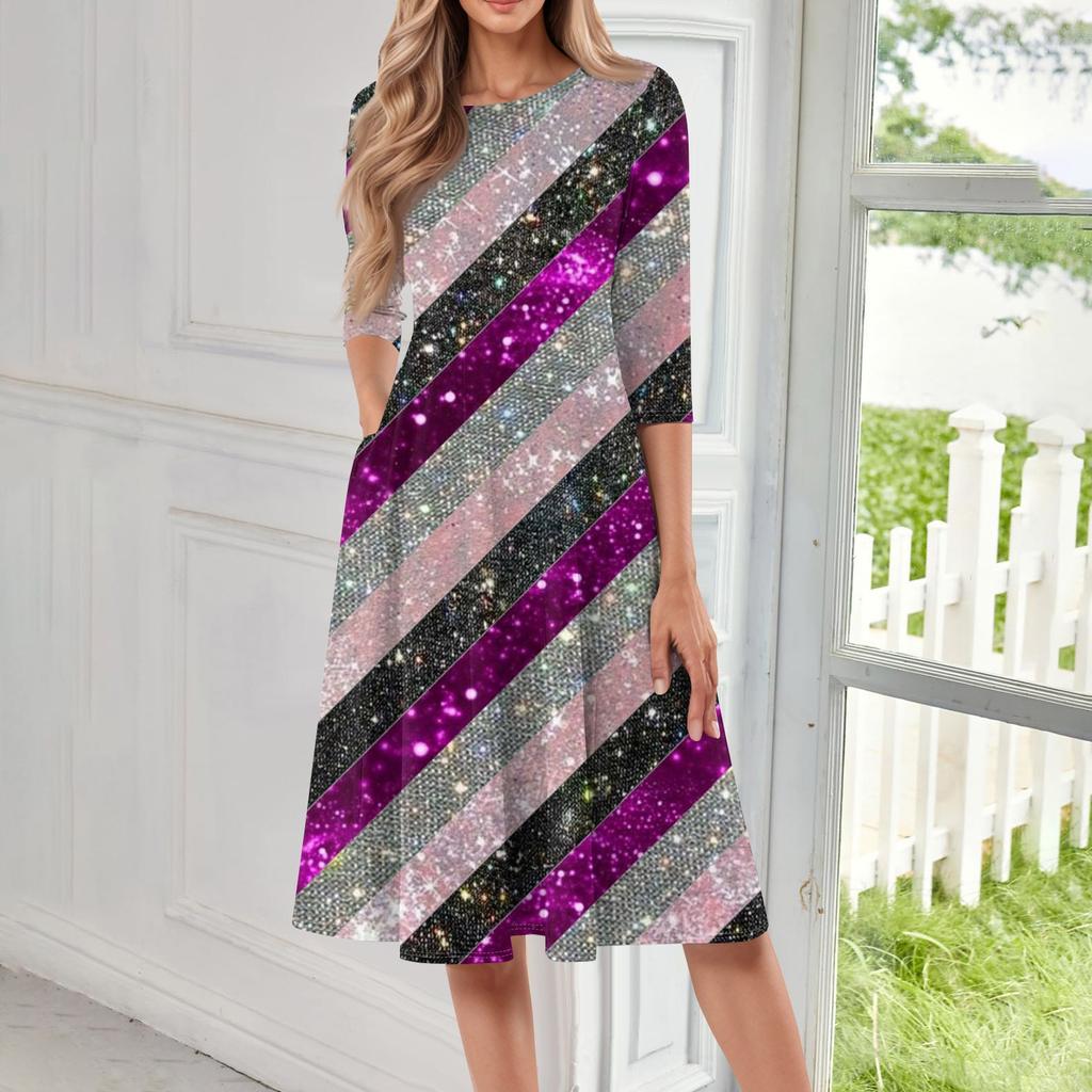 Женское повседневное и модное платье средней длины с круглым вырезом и рукавом семь четвертей