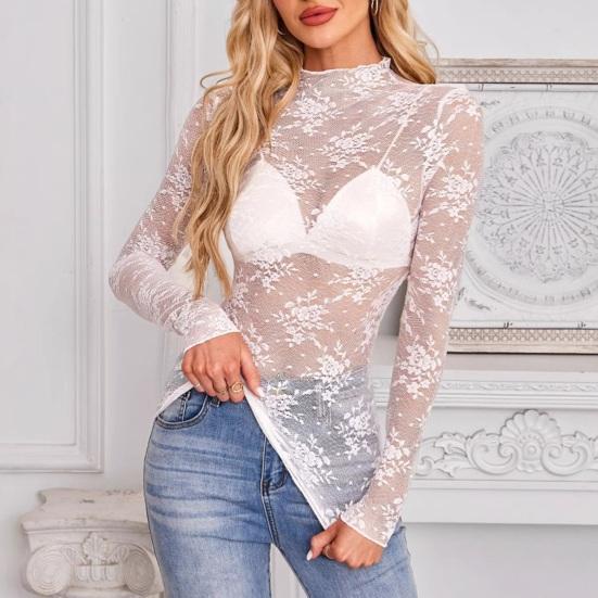 Женские прозрачные сетчатые кружевные топы Сексуальная рубашка с цветочной вышивкой и длинным рукавом Базовые топы Универсальные просвечивающие