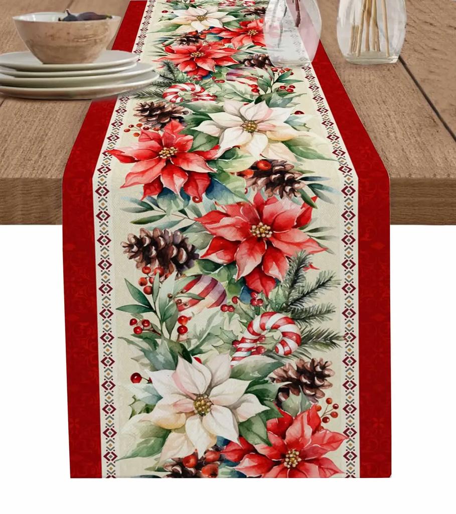 Christmas Silver Fir Leaves Snowflakes Wood Grain Linen Table Runners Kitchen Decoration Table Runner Festival Party Supplies