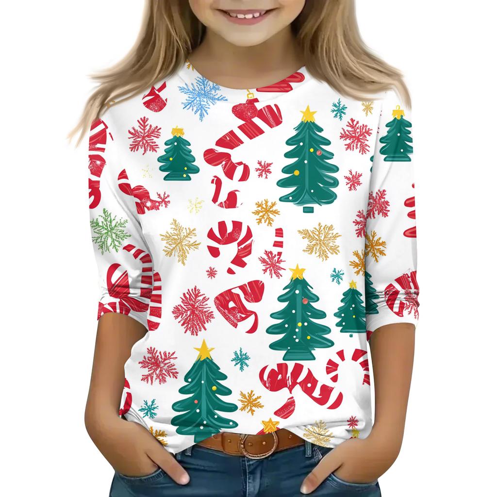 Рождественские топы с принтом для девочек-подростков 5-16 лет, футболки с круглым вырезом и рукавами 3/4, модные топы, нарядные футболки