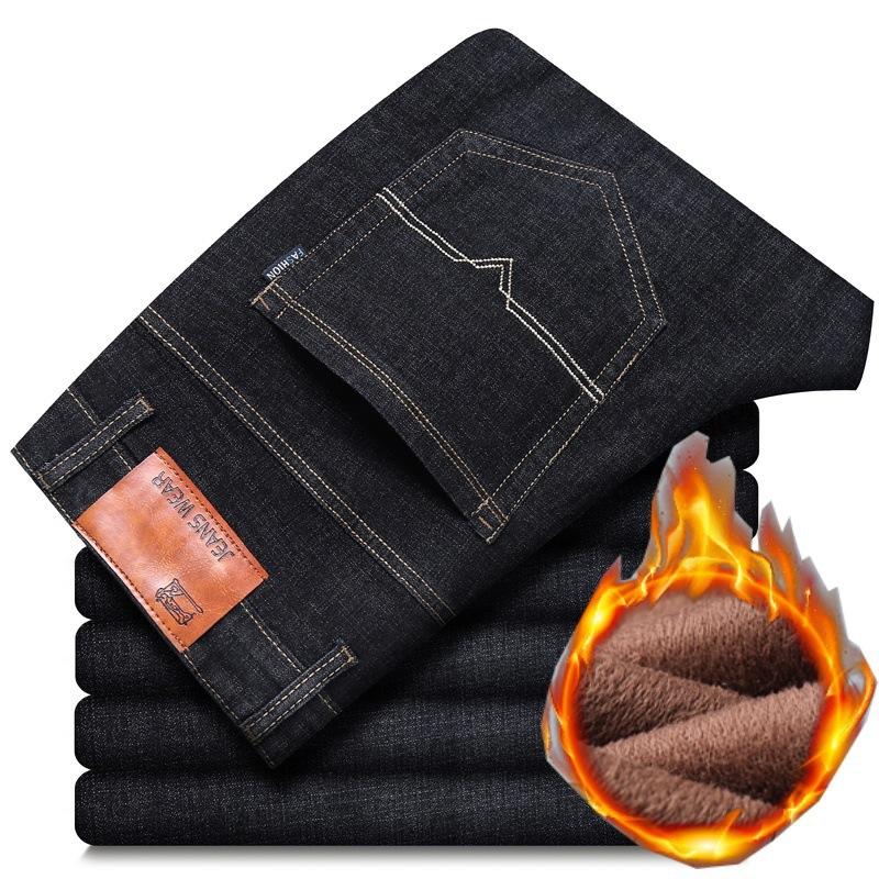 8 Types Of Blue And Black Autumn And Winter Men'S Jeans With Thick Fleece/Regular Optional Loose Straight Leg Casual Warm Outer Pants