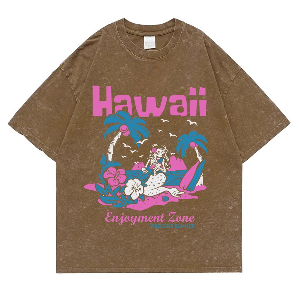 Hawaii Enjoyment Zone Welcome Summer Washed Retro Snow Tshirt Men Fashion Oversize T Shirt Cotton Clothes Free Casual T Shirts