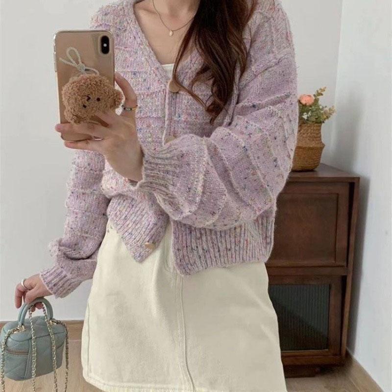 Весенне-осенний уникальный трикотаж с v-образным вырезом, мягкий клейкий разноцветный свитер в горошек, кардиган, пальто, женский свободный свитер, женский