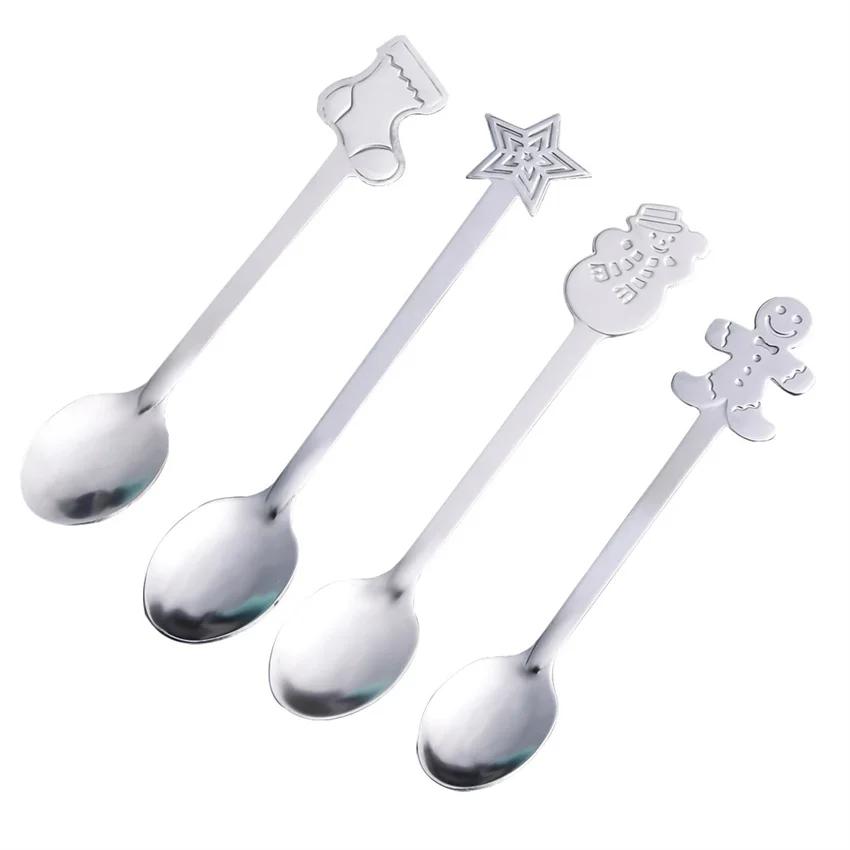4Pcs Gold/Silver Christmas Coffee Spoons with Gift Box Stainless Steel Gingerbread Man Dessert Spoons Cutlery Spoon Xmas Gift