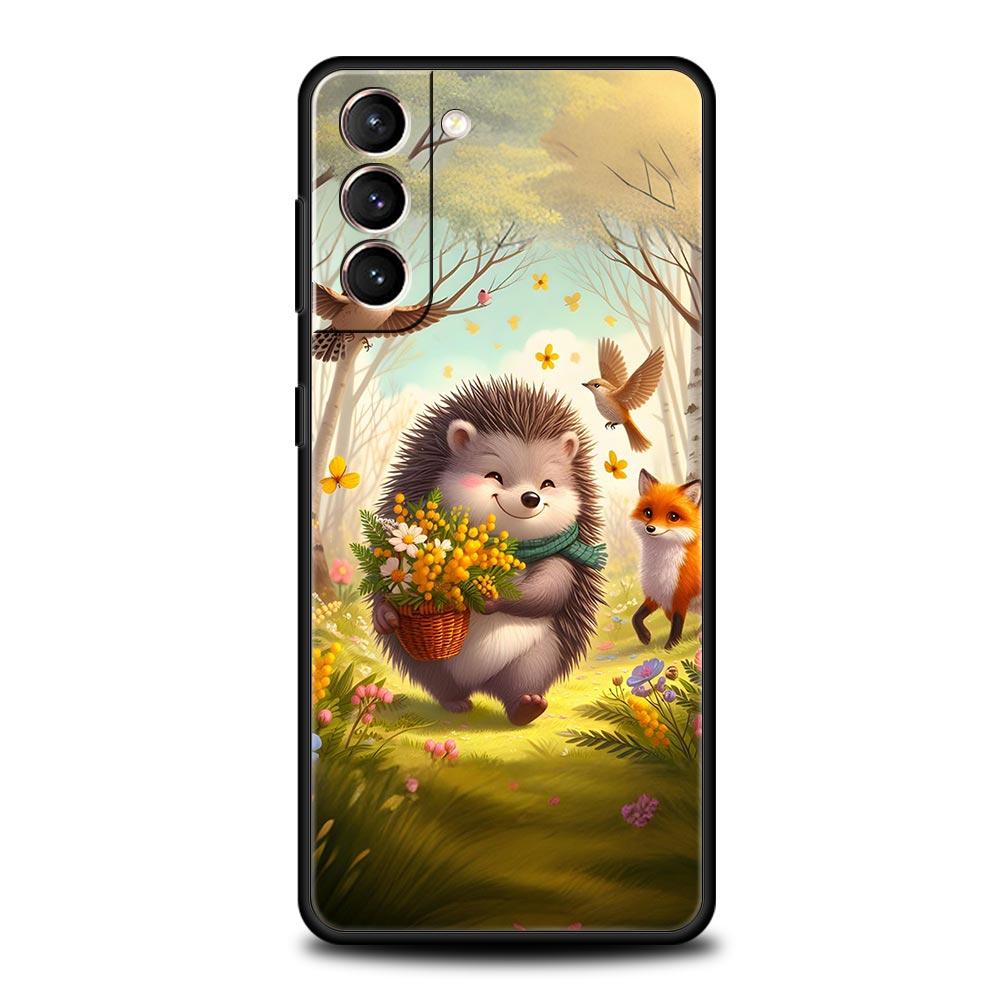 Осенний милый дизайн с ежиком Чехол для телефона для Samsung Galaxy S26 Ultra S25 Plus S24 FE S23 S22 5G S21 S20 Черный Мягкий