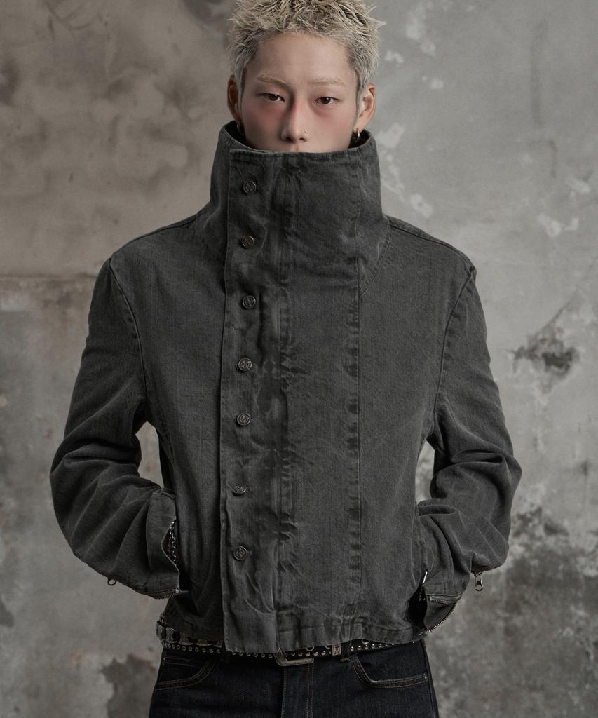 LANARCHIVE [0158] Diagonal Pigment High-Neck Jacket - Charcoal