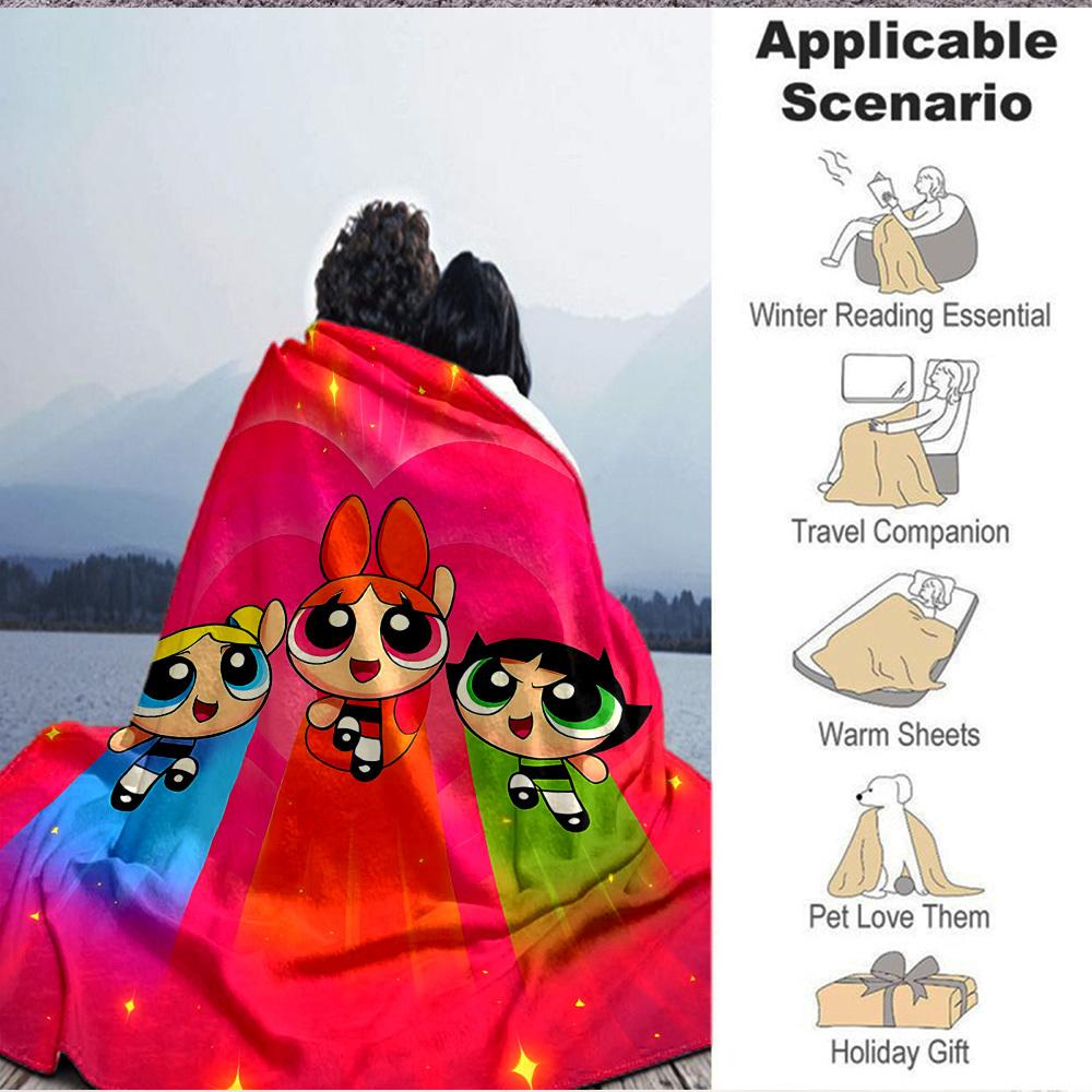 1pc Powerpuff Girls Blanket Lightweight Flannel Throw For Sofa, Bed, Travel, Camping, Livingroom, Office, Couch, Chair, And Bed