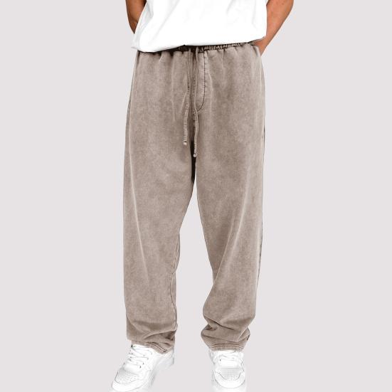 Men Sport Pants Wide Leg Drawstring Elastic Waist Pure Color Sweatpants Full