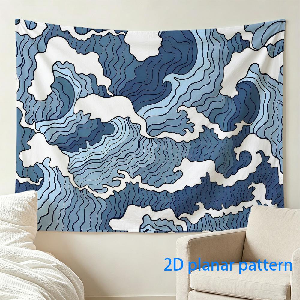 Large Abstract Ocean Wave Blue Tapestry Wall Hanging Modern Coastal Boho Decor Art for Living Room Bedroom Home 180x230cm