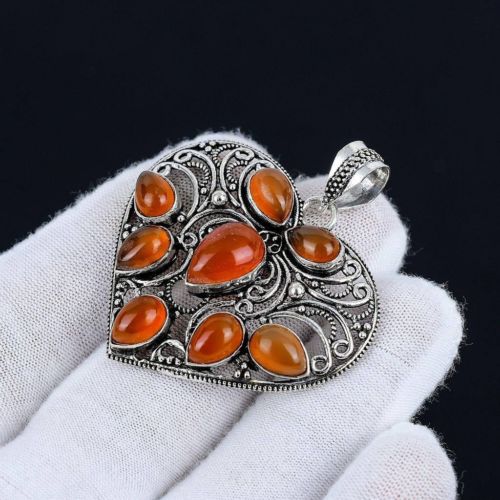 Orange Carnelian Gemstone Handmade 925 Sterling Silver Jewelry Pendant Natural Orange Carnelian Heart Shape Pendant For Gifts