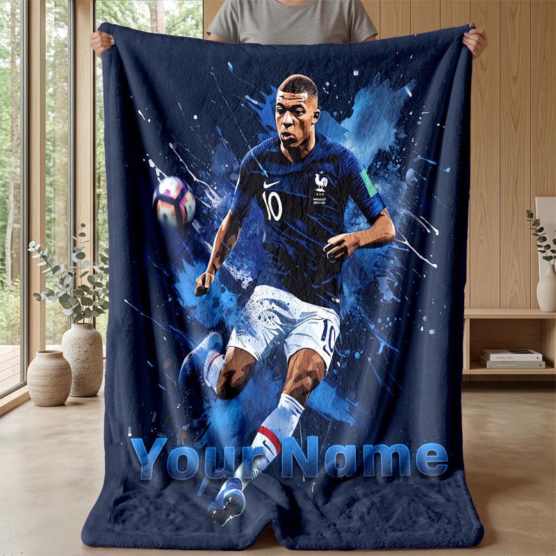 Kylian Mbappe Custom Name Text Flannel Blanket Soccer Logo Personalized Fleece Throw Blanket Special Gift For Sofa Bedroom Home