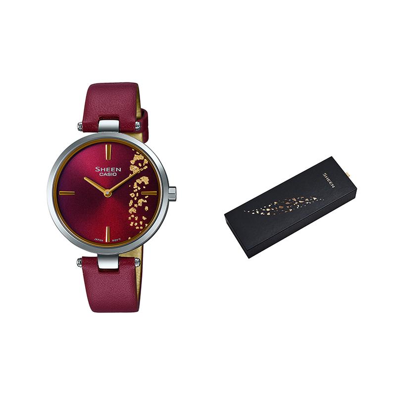 Casio SHEEN gold foil ultra-thin simple quartz movement leather strap Japanese and Korean watch women's watch red dial SHE-C100L-4AUPFJD