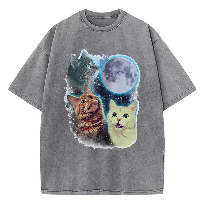 Funny T Shirt Vintage Washed  Cotton TShirt Cat Moon Star Graphic Tee Casual Streetwear Spring Summer Top Tee