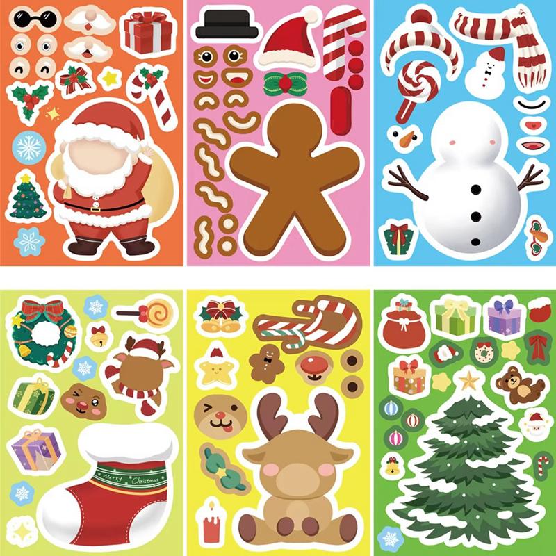 8pcs Cute Christmas Puzzle Stickers Make a Face Kids DIY Toys Assemble Sticker Games Xmas Party Favors 2025 New Year Gift