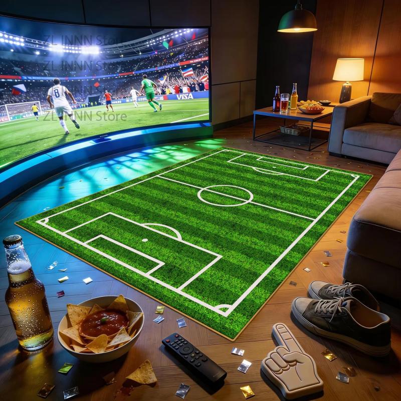 Football Pitch Shaped Large Area Rug Non Slip Stain Resistant Mat Sports Fan Party Game Room Living Room Home Decor