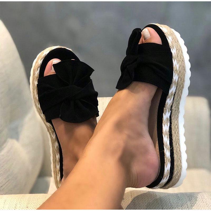 Женские шлепанцы, шлепанцы с бантом, женские уличные пляжные туфли с открытым носком, женские повседневные удобные сандалии на плоской платформе, женские летние