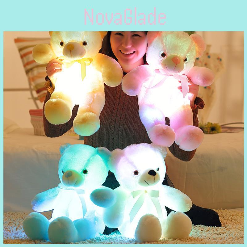 Led Light-up Teddy Bear Plush Toy With Bow Tie Design Long-haired Colorful Flashing Lights