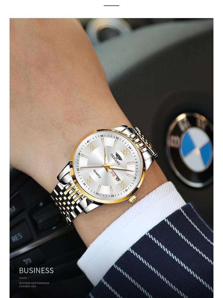 Butterfly Clasp Men's Ultra-Thin Luminous Stainless Steel Dual Calendar Waterproof Quartz Watch