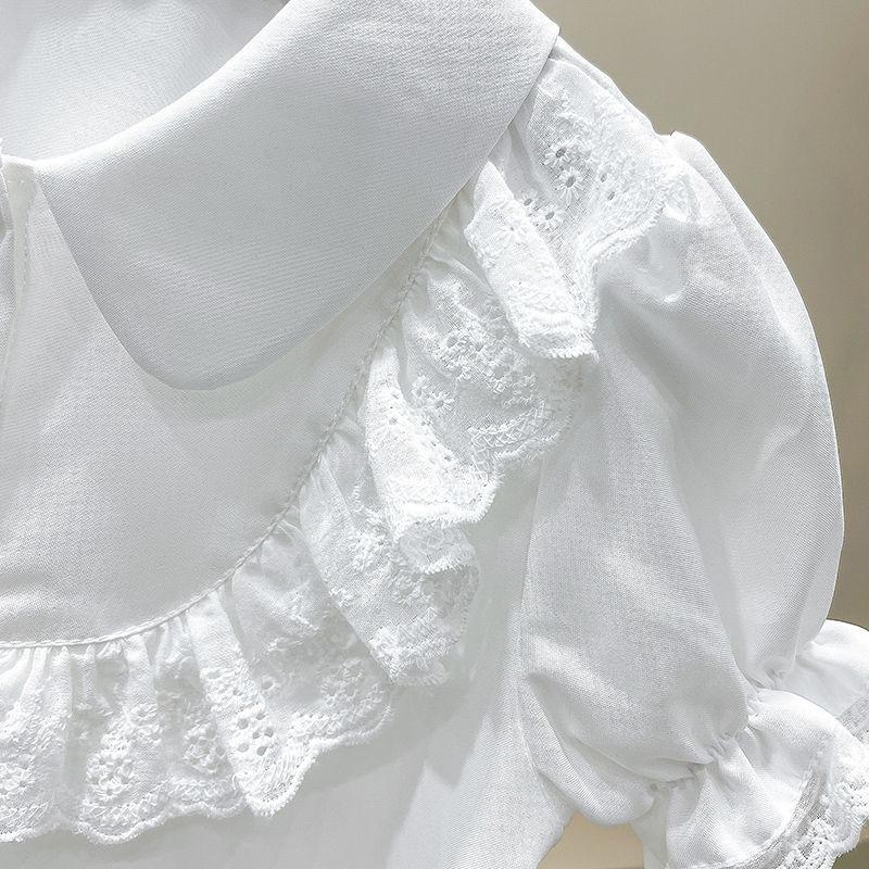 Летняя детская одежда, милые кружевные повседневные топы с короткими рукавами, блузка для детей, модные однотонные рубашки с отложным воротником для девочек