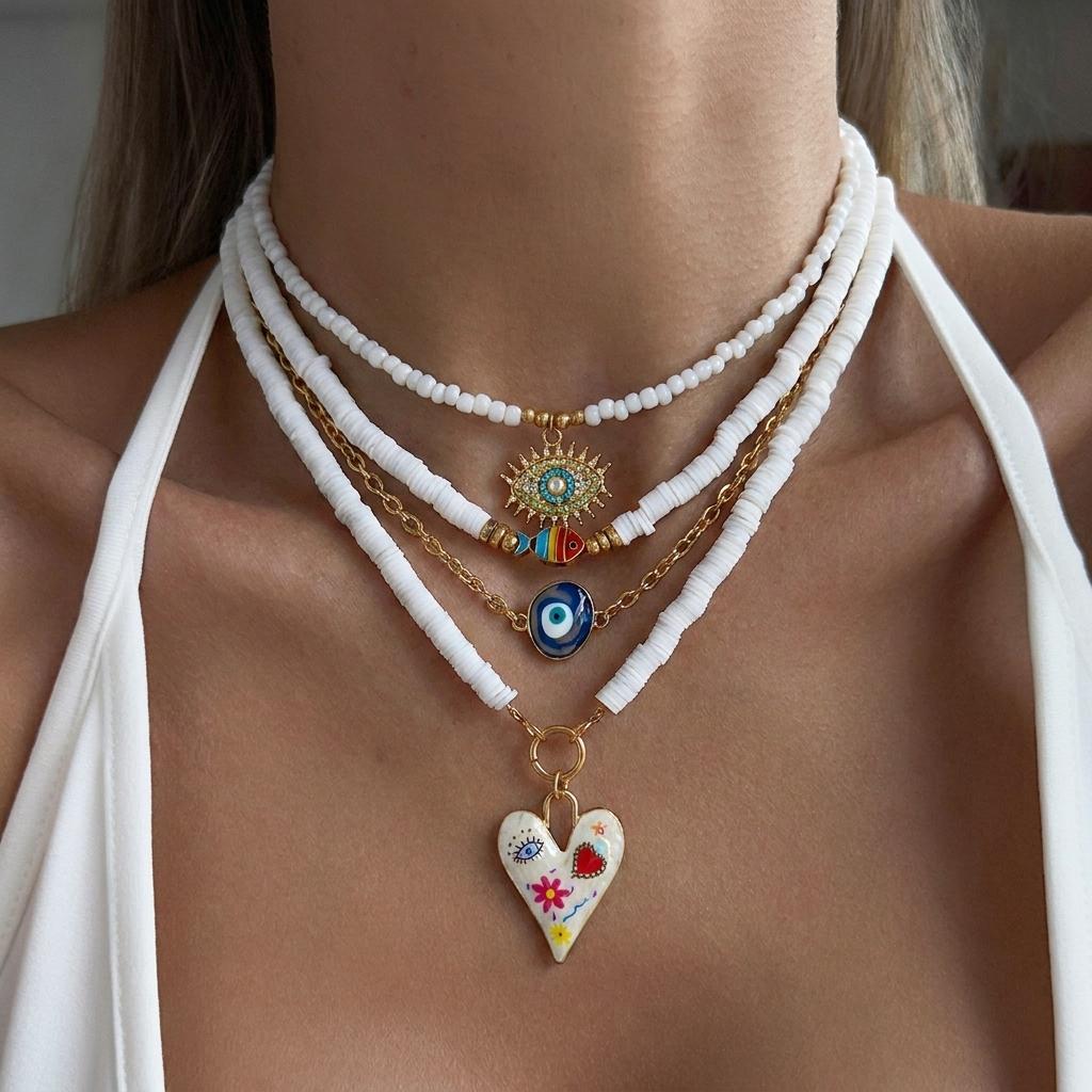 4pcs Lucky Blue Evil Eye Pendant Necklaces Set for Women Bohemian Colorful Heart Multilayer Beaded Necklaces Stacked Jewelry