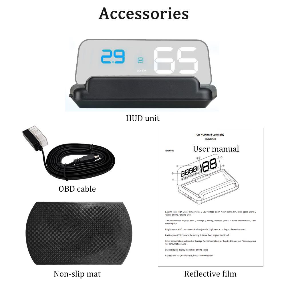 OBD2 Speedometer Auto Electronic Windshield Projector C500 Mirror HUD Car Head Up Display Water Temp RPM Voltage Alarm