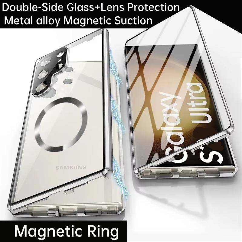 Чехол для Samsung Galaxy S21 S22 S23 Ultra, с двухсторонними магнитными чехлами из закаленного стекла, Magsafe, крышка с металлическим бампером с магнитной адсорбцией