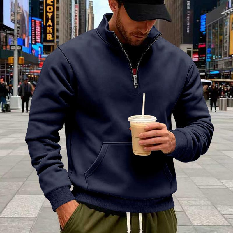 Men’s Autumn/Winter Retro Casual Loose-Fit Comfortable Half-Zip Fleece-Lined Plain Sweatshirt