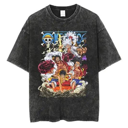 Japan Hot-blooded Anime One Piece Luffy Graphic Print T-Shirt Men Women Vintage Washed Cotton Summer New Tee Streetwear Y2K Fashion Oversized Top