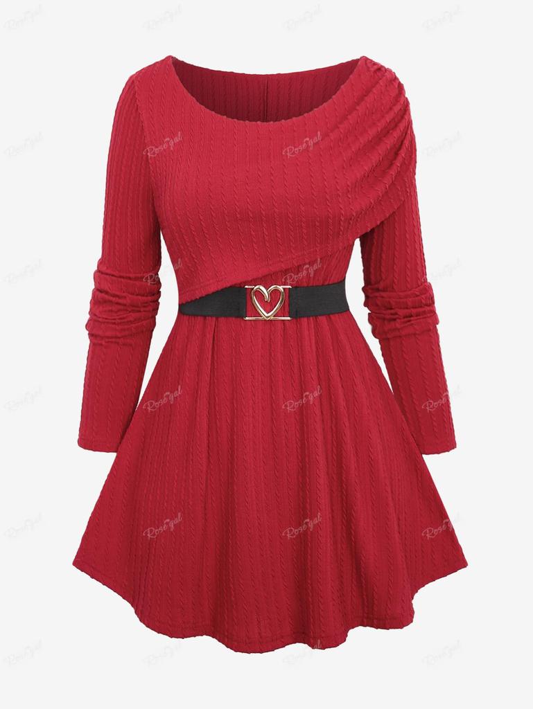 Rosegal Plus Size Одно плечо Текстурированный ребристый присборенный однотонный трикотажный топ с длинными рукавами и съемной цепочкой и пряжкой в виде сердца на поясе