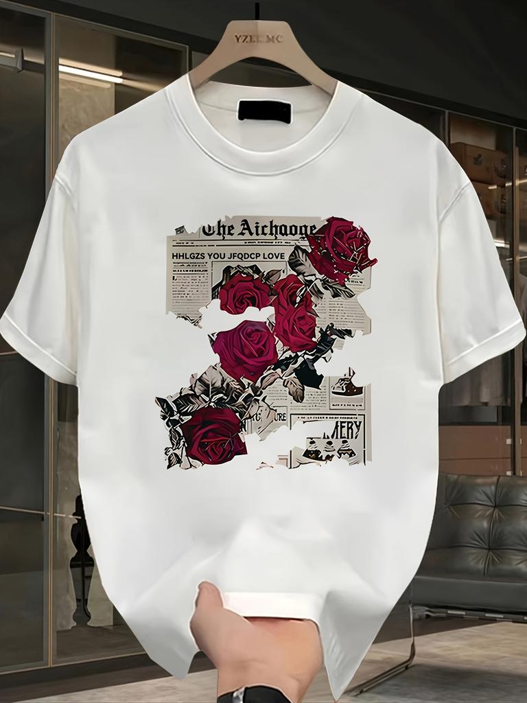 Danqi Yoyo Mens Summer Retro Rose Print Tshirt 100 Cotton Loose Street Style Short Sleeve Shirt Ideal For Daily Casual Wear