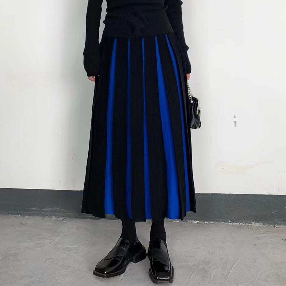 Осенняя эксклюзивная юбка средней длины с высокой талией, цветные блоки, плиссированная юбка, полуоблегающая длинная юбка, европейские товары, осенне-зимняя трикотажная юбка, женская тенденция