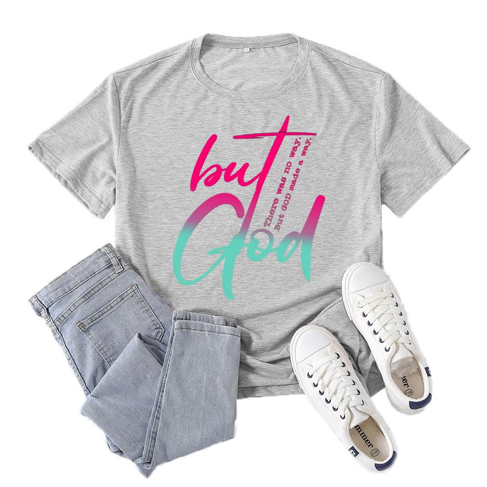 Polyester 100% New Best-selling But God Letter-printed Short-sleeved Women's Casual Spring and Summer Casual Round Neck Summer