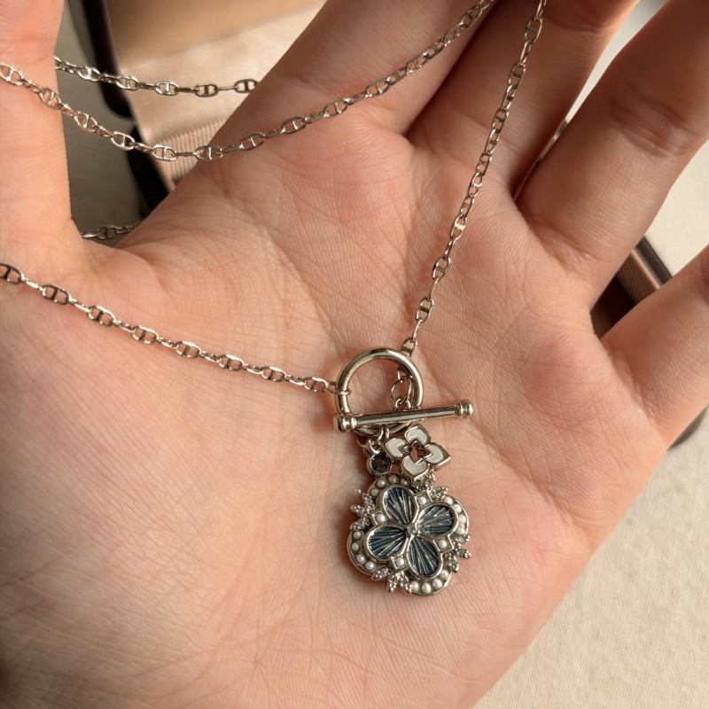 Vintage French Style Clover Earring Set With Necklace Blue Gray Minimalist Geometric Jewelry Women