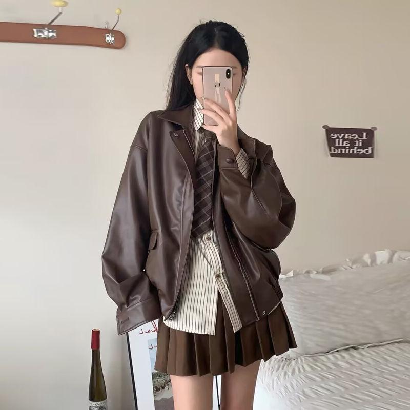 Винтажная кожаная женская укороченная куртка свободного кроя в корейском стиле, стильная куртка для мотоциклистов, миниатюрная, осень, новое поступление