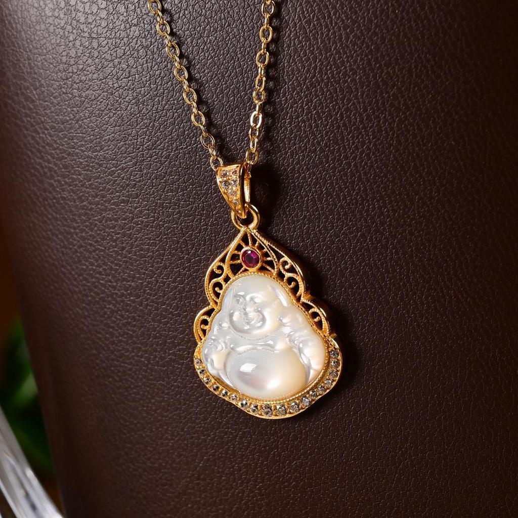 S925 Sterling Silver Mother-of-Pearl Buddha Pendant Necklace - Chinese Style Classic Clavicle Chain (X136)