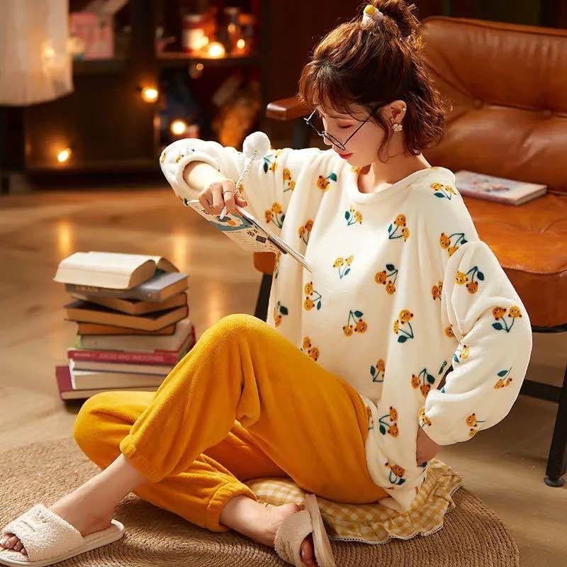 Women's Long-sleeved Flannel Pajamas Set Spring Autumn Cartoon Sleepwear Thickened Warm Printing Plush Cute Sleeping Suit Set