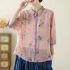 Summer Retro Floral Print Blouse Women Casual Lapel Three Quarter Sleeve Button Up Shirt Soft Breathable Fashion Top