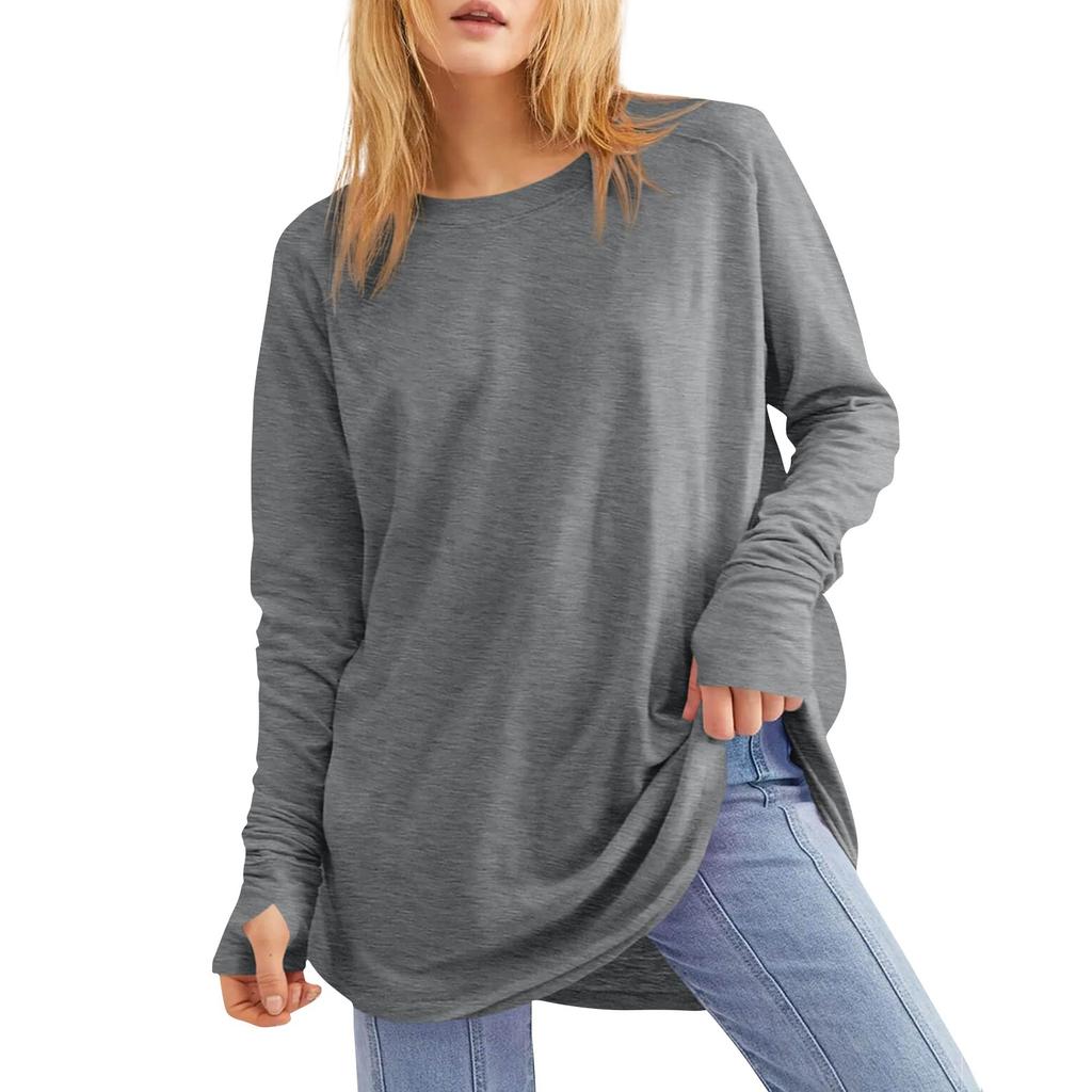 Женская однотонная свободная футболка с круглым вырезом и длинными рукавами средней длины, топ с дырявым большим пальцем