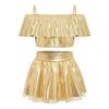 Girls Dance Performance Outfit Off Shoulder Spaghetti Straps Metallic Ruffles Crop Top Shiny Tutu Skirt